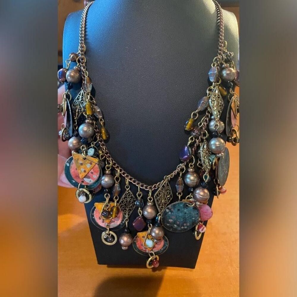 Multicolor Glass Charm Beaded Bib Necklace Bronze Tone Enamel Boho Statement 22”